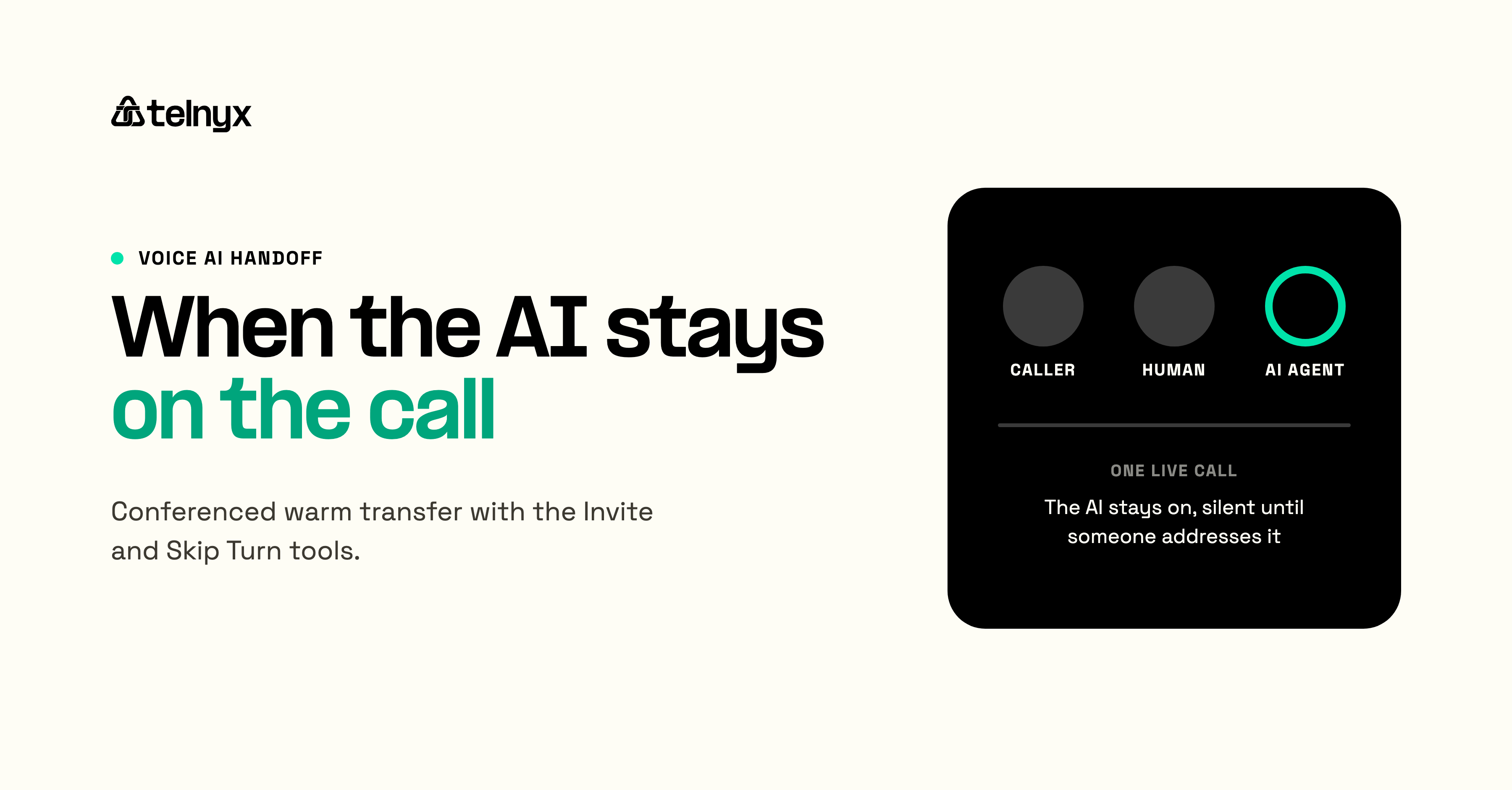 Caller, human, and AI agent on one live call during a conferenced warm transfer