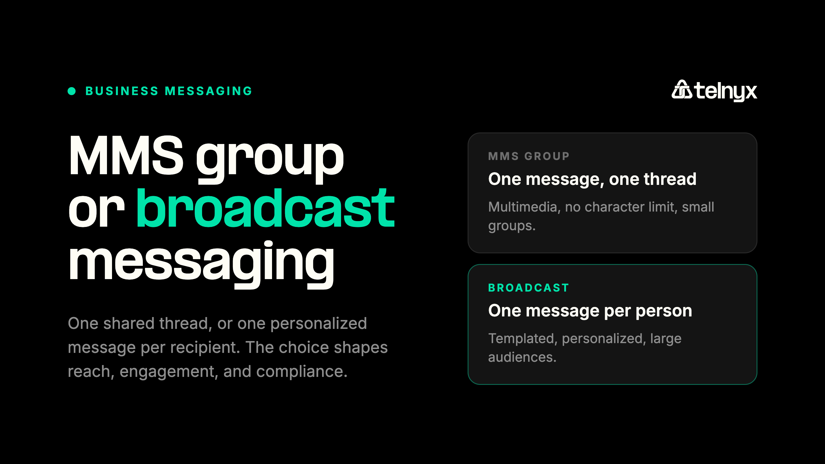 Guide cover comparing MMS group messaging as one shared thread against broadcast messaging as one personalized message per person