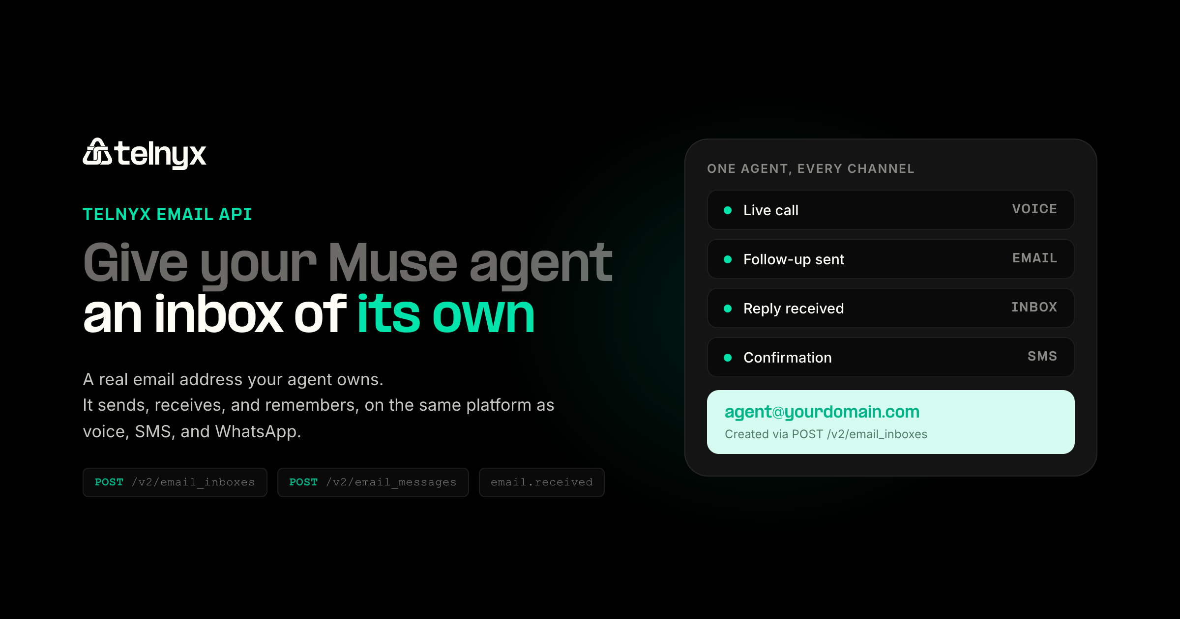 Telnyx Email API cover: give your Muse agent an inbox of its own