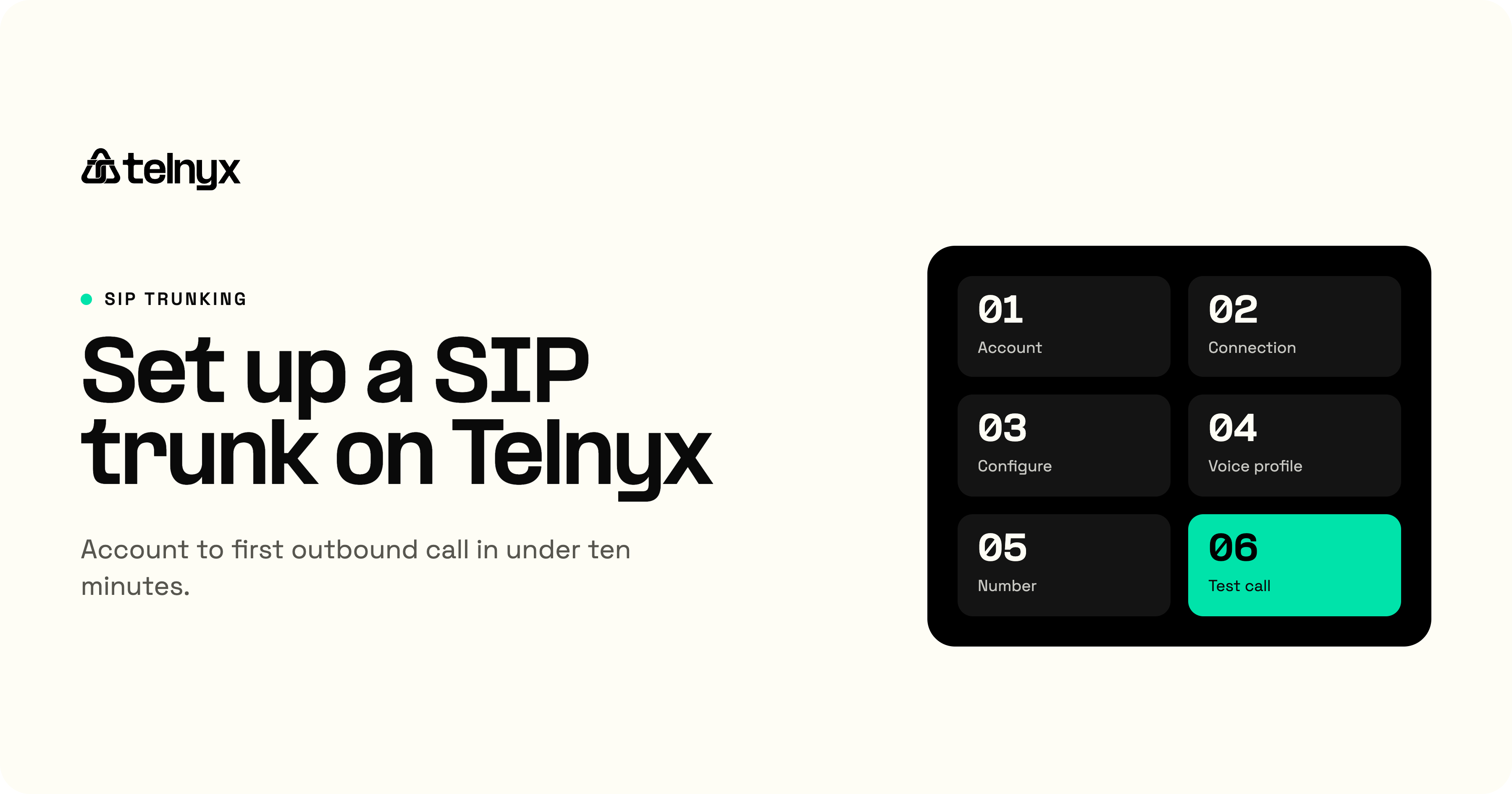 Six steps to set up a SIP trunk on Telnyx: account, connection, configure, voice profile, number, and test call